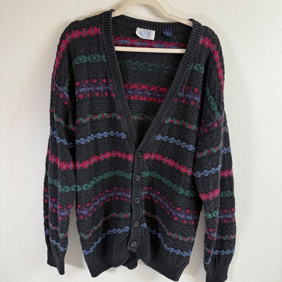 FRANKENMUTH KNIT CARDIGAN SWEATER DARK GRAY‎ MULTICOLOR STRIPE PATTERN SIZE L - Picture 7 of 8